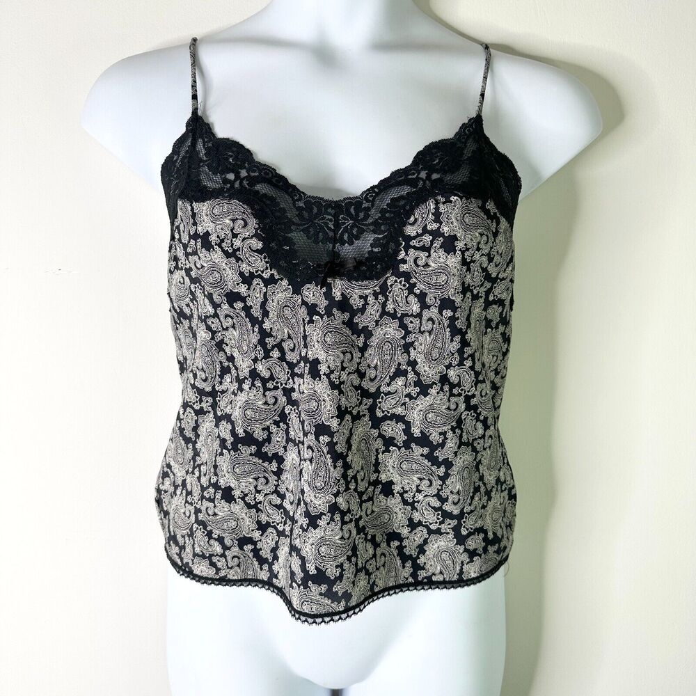 ESCAPADES Cami Women M Black White Lace Trimmed Vintage Paisley Crepe Sexy